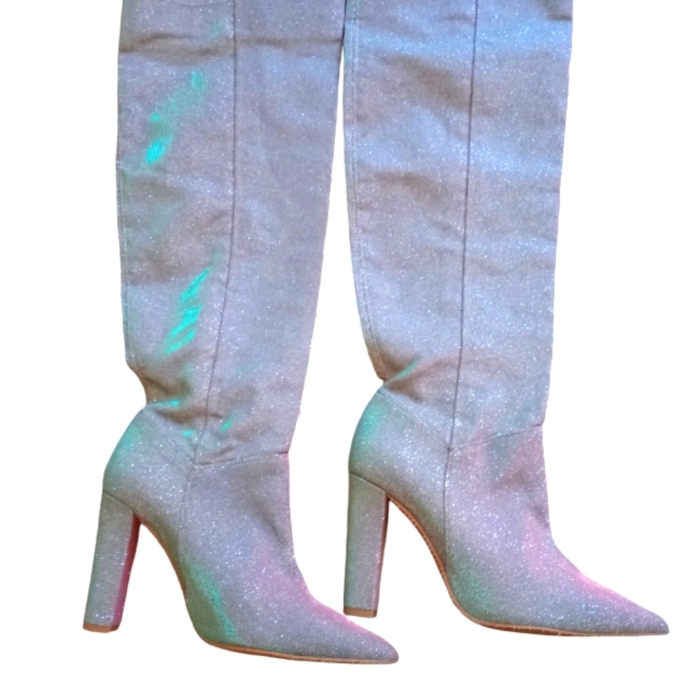 Free People All That Shimmers Knee High Metallic Silver Slouch Boots Size 36